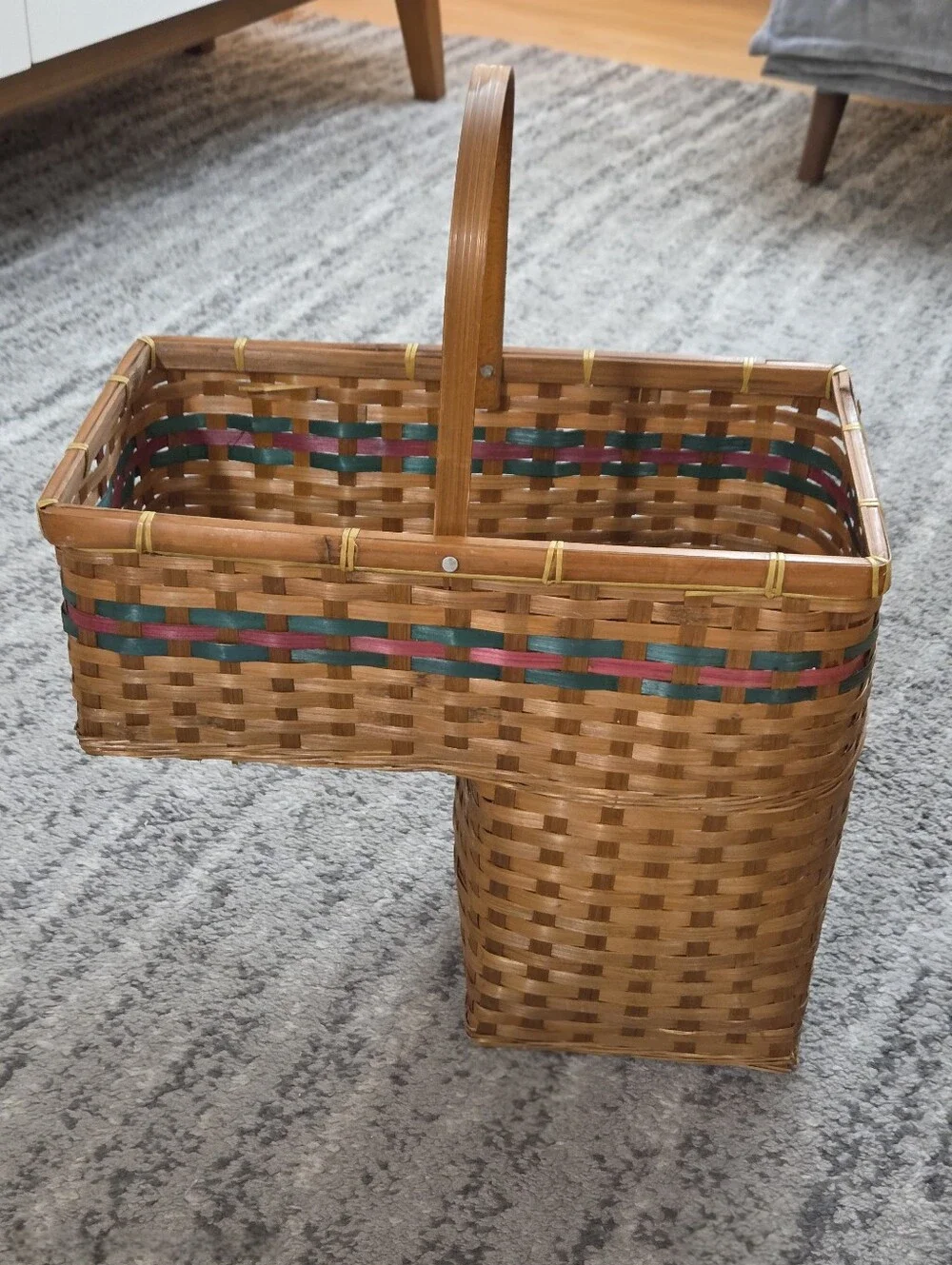 Vintage Rustic Woven Stair Step Wicker Basket Organizer Green Red Stripe Cottage
